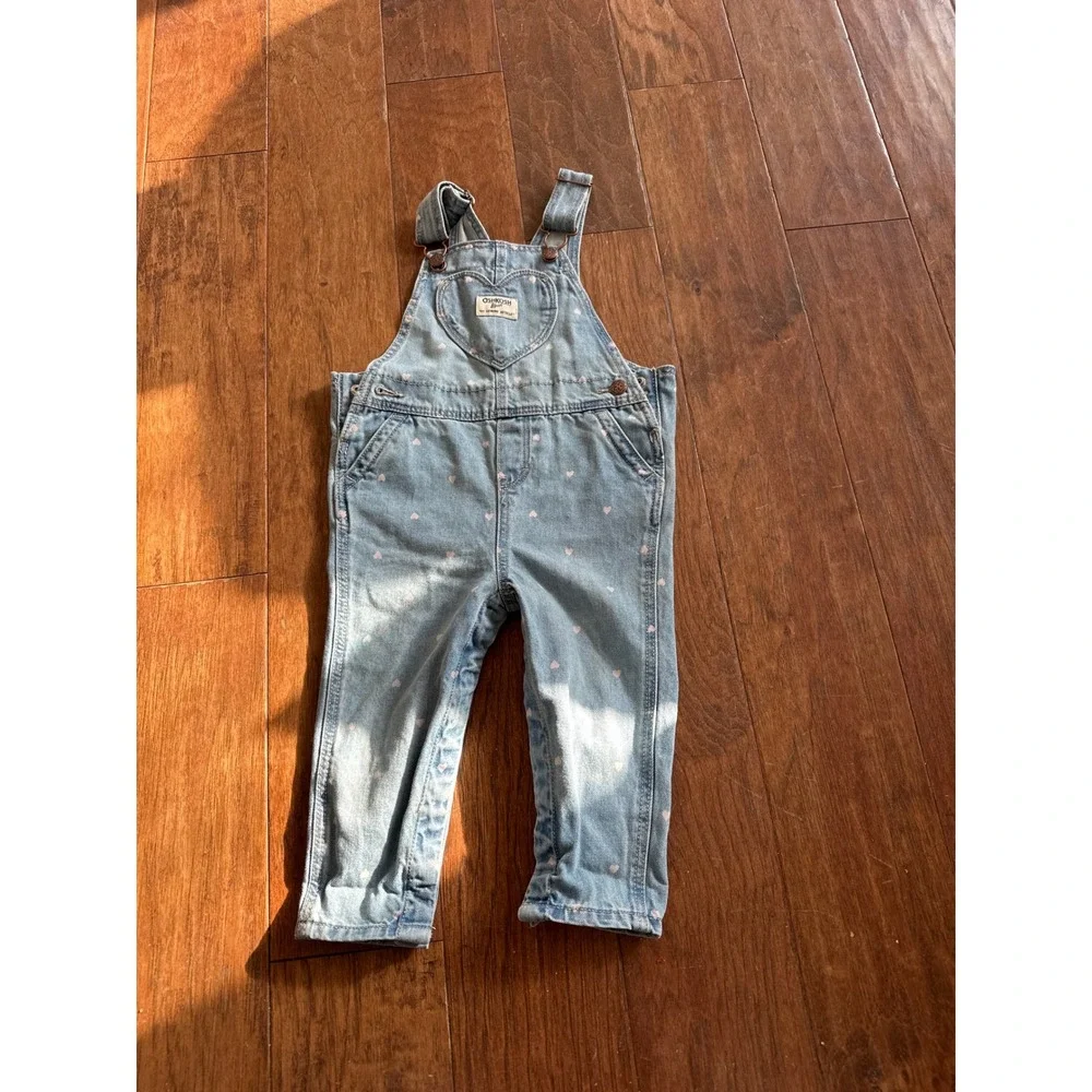 OshKosh B'gosh Denim Heart Print Overalls Baby‎ Girl 18 Months